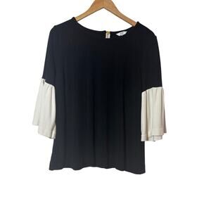 Crown & Ivy Women L Ivory Black 3/4 Sleeve Gold Back Zipper Top Chic Classic